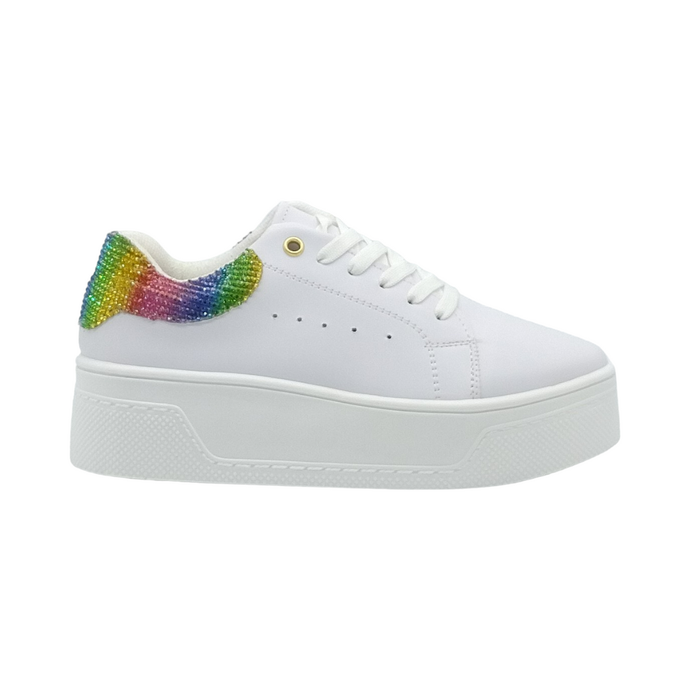 Sneakers Mujer Blanco Plataforma Brillos Arcoiris en Talon TF600