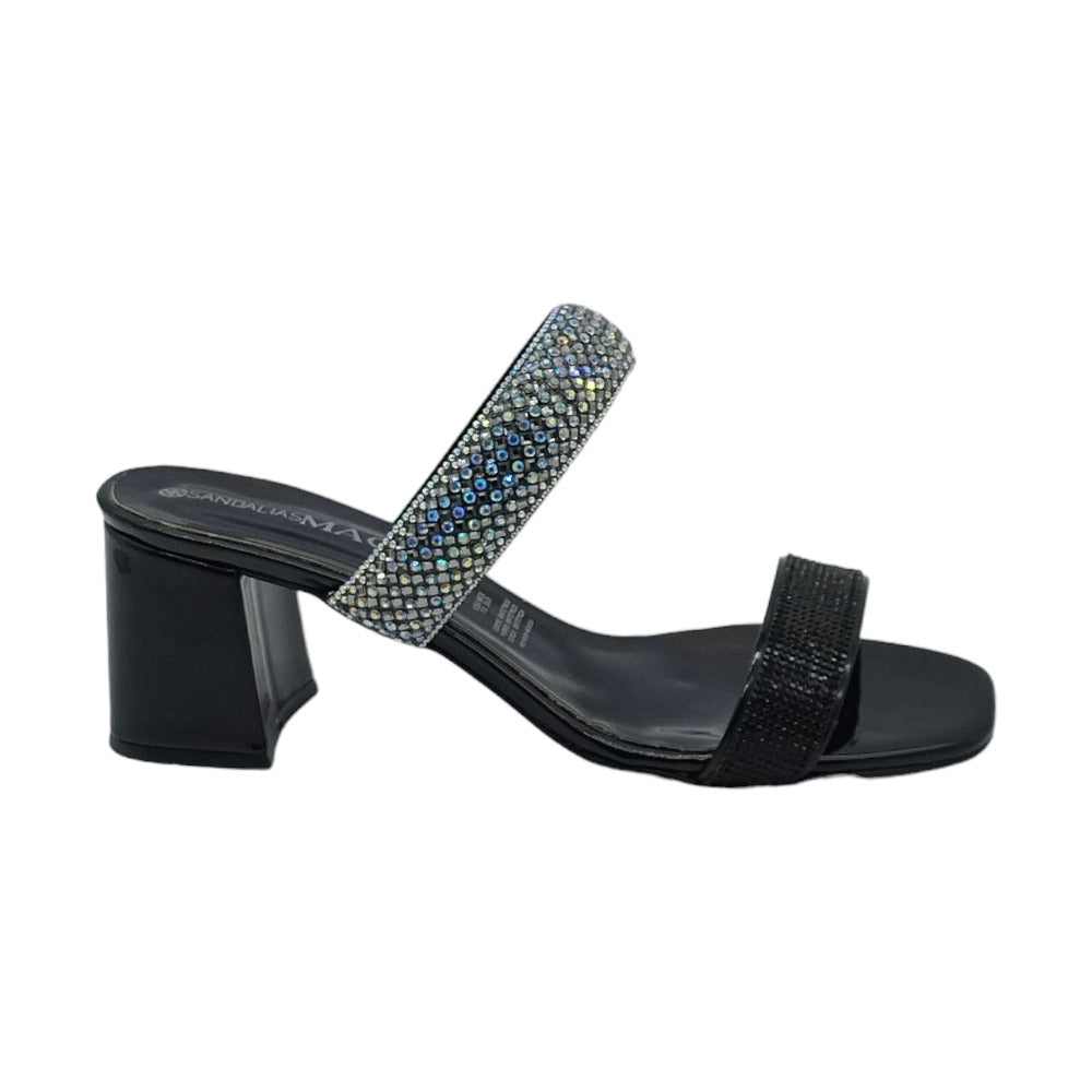 Sandalia Mujer color negro con brillos en correas Tacon 6 cm 6511