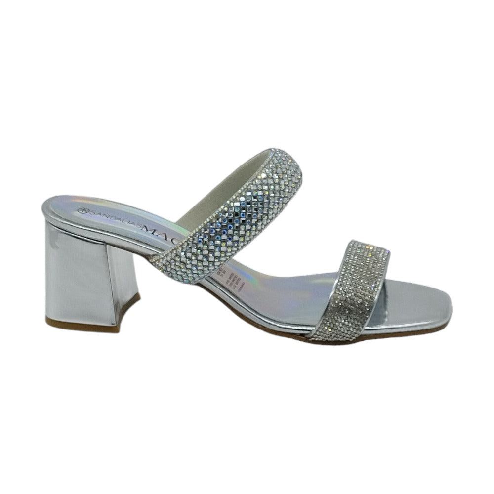 Sandalia Mujer color plata con brillos en correas Tacon 6 cm 6511